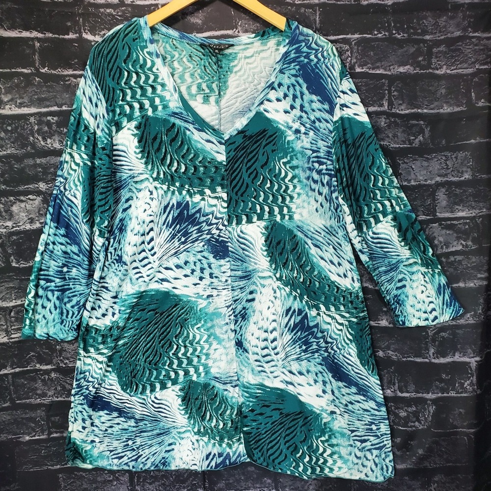 Dunia Tunic Top Womens XL Green Blue White Floral Palms Tropical Beach Soft